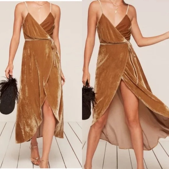Reformation Velvet Wrap Dress Brown Gold Midi High Slit Boho Glam Party NWT XSP - Picture 1 of 16